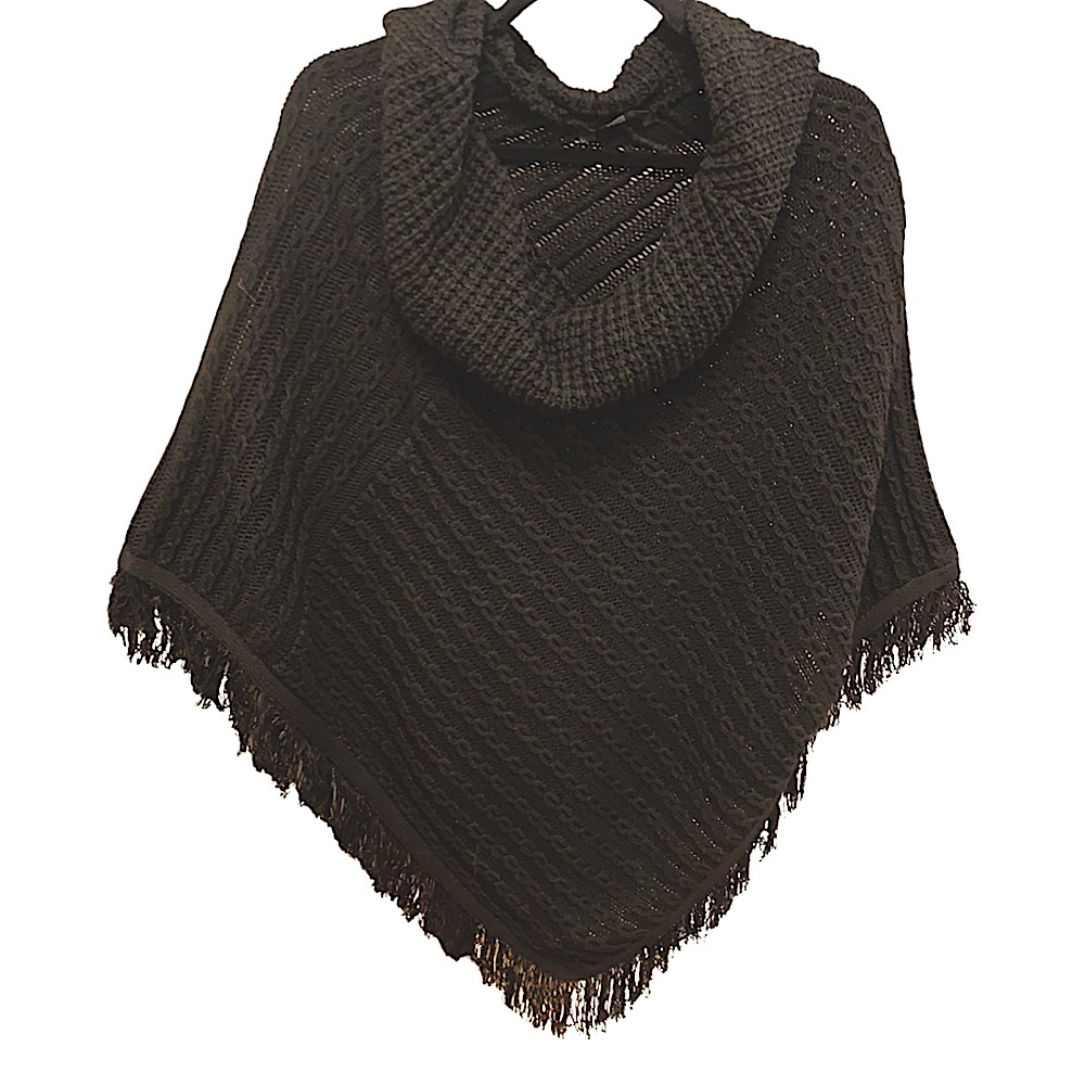 Black knit cowl neck poncho with fringe hem